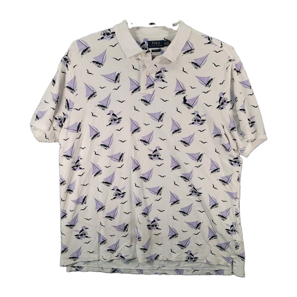 Ralph Lauren Polo Shirt Mens 2XL White Wind Surfing Polo Bear Classic Fit Preppy